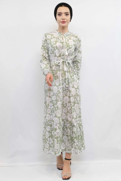 Moda Çizgi Çiçek Desenli Pileli Elbise Mint - 4