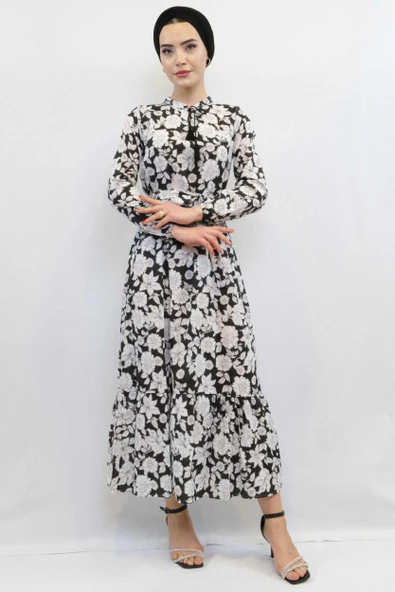 Moda Çizgi Çiçek Desenli  Pileli Elbise Siyah - 3