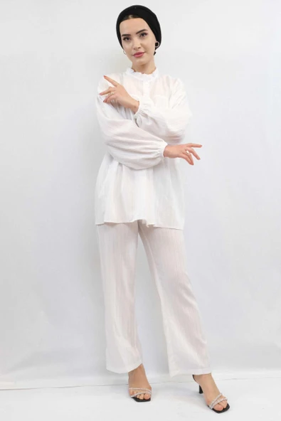 Moda Çizgili Robalı İkili Takım Ekru - Resim 3