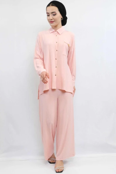 Moda Çizgi Zincir Aksesuarlı İkili Takım Pudra - 4