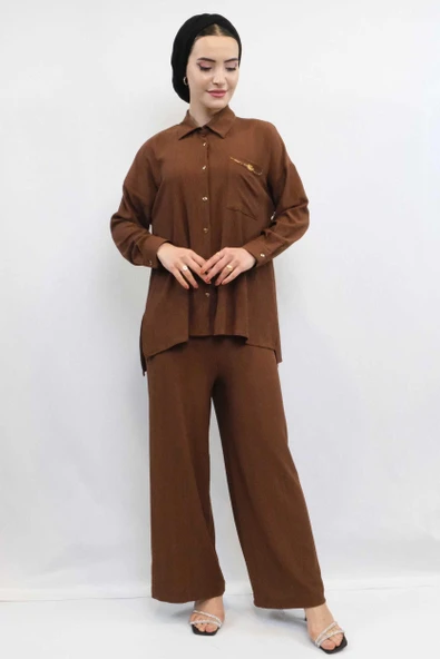 Moda Çizgi Zincir Aksesuarlı İkili Takım  Kahve - Resim 5