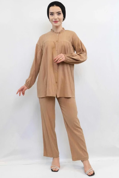 Moda Çizgili Robalı İkili Takım Vizon - Resim 5