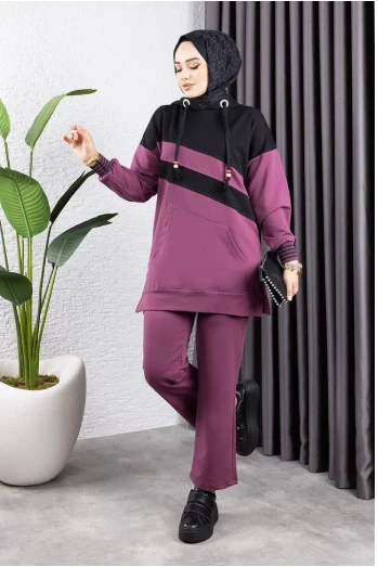 Çapraz Garnili Ribanalı Spor Takım KOYU LİLA SİYAH ürün görseli 1