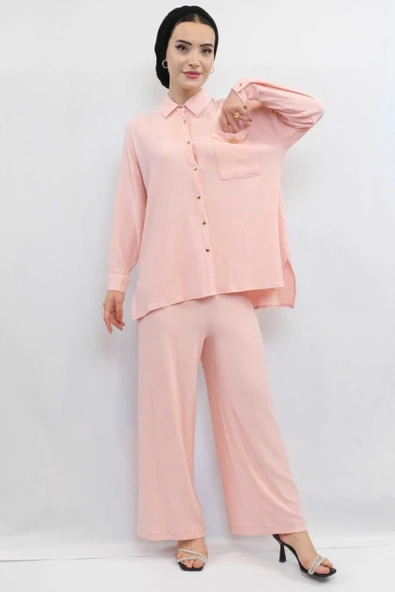 Moda Çizgi Zincir Aksesuarlı İkili Takım Pudra - 3