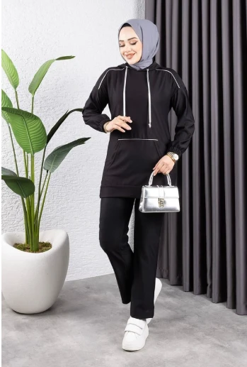 Biyeli Kapşonlu Spor Takım SİYAH - Resim 2