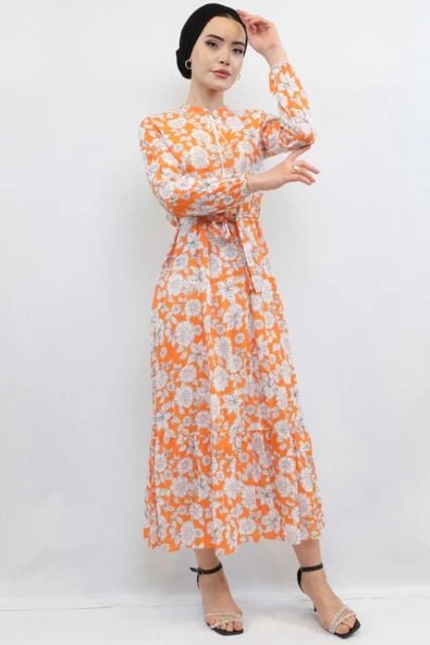 Moda Çizgi Çiçek Desenli  Pileli Elbise Turuncu - 5