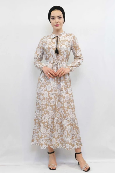 Moda Çizgi Çiçek Desenli  Pileli Elbise Bej - 5