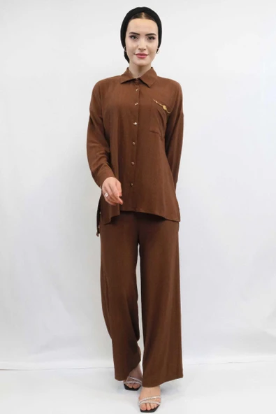 Moda Çizgi Zincir Aksesuarlı İkili Takım  Kahve - Resim 2