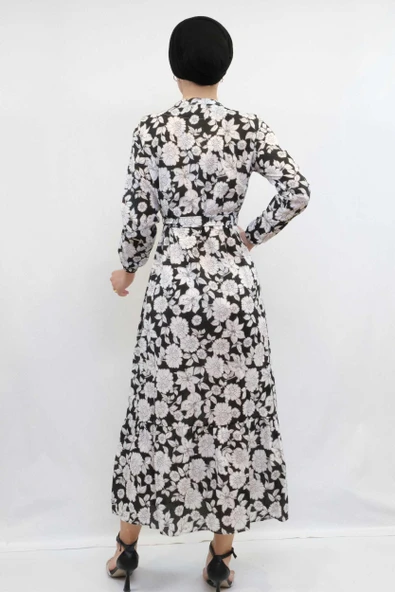 Moda Çizgi Çiçek Desenli Pileli Elbise Siyah - 4