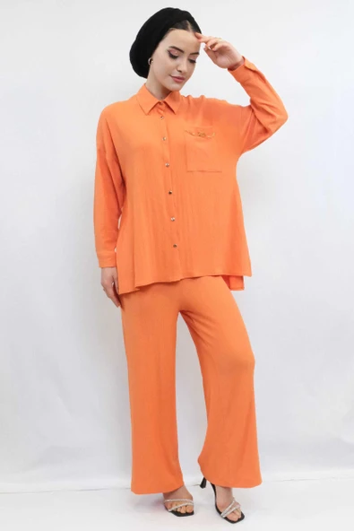 Moda Çizgi Zincir Aksesuarlı İkili Takım Turuncu - 3