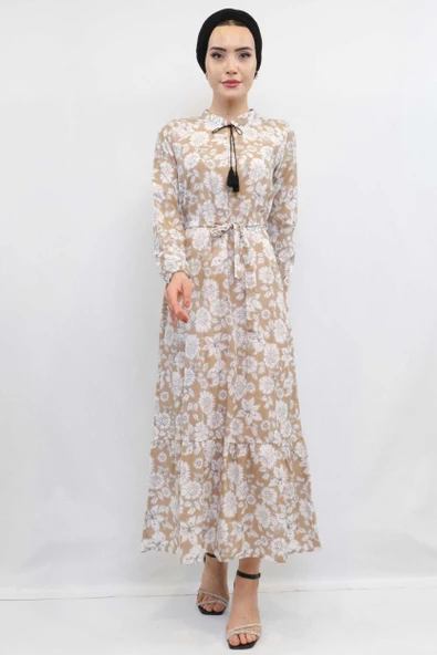 Moda Çizgi Çiçek Desenli  Pileli Elbise Bej - 2