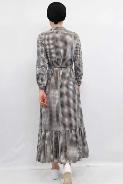 Moda Çizgi Ekose Elbise Siyah - 3