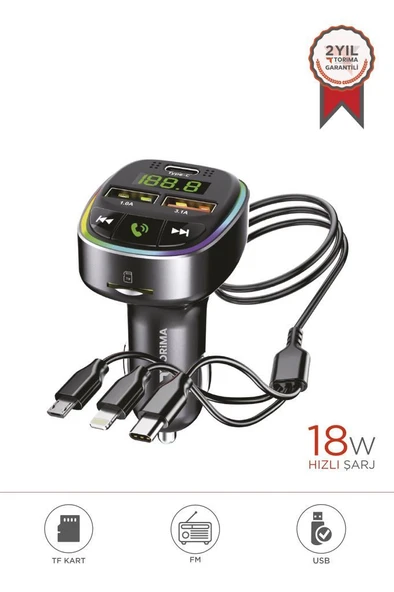 TORİMA G15 Siyah FM Transmitter Araç Şarj Cihazı (18W Hızlı Şarj - USB/Type-C/TF Kart Destekli) ürün görseli