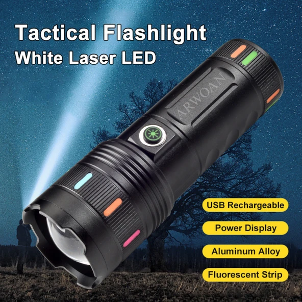 ARWOAN Yüksek Güçlü LED El Feneri Alüminyum Gövde, Zoom Özellikli, Type-C Şarjlı, Süper Parlak Beyaz Lazer LED - 4