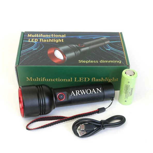 ARWOAN Şarjlı LED El Feneri  Kademesiz Parlaklık Ayarlı, USB Şarjlı, Yüksek Işık Gücü, Taşınabilir Fener - Resim 7