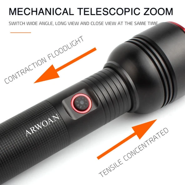 ARWOAN Şarjlı LED El Feneri  Kademesiz Parlaklık Ayarlı, USB Şarjlı, Yüksek Işık Gücü, Taşınabilir Fener - Resim 3