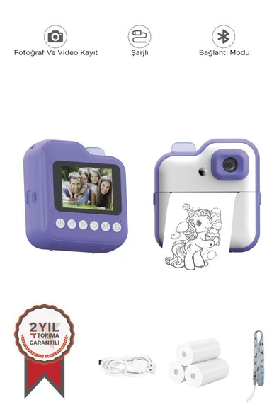 Torima TRM-CMR15 Mor Dijital Video Kayıt Fotoğraf Çocuk Kamerası Anlık Termal Resim Kağıt Baskılı Yazıcı ürün görseli