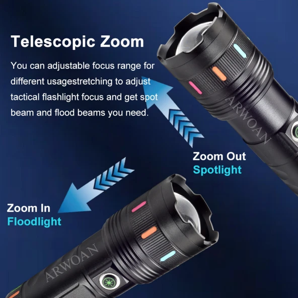 ARWOAN Yüksek Güçlü LED El Feneri Alüminyum Gövde, Zoom Özellikli, Type-C Şarjlı, Süper Parlak Beyaz Lazer LED - 2