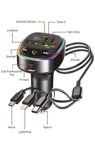 TORİMA G15 Siyah FM Transmitter Araç Şarj Cihazı (18W Hızlı Şarj - USB/Type-C/TF Kart Destekli) - Resim 2