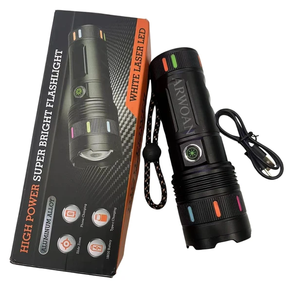 ARWOAN Yüksek Güçlü LED El Feneri Alüminyum Gövde, Zoom Özellikli, Type-C Şarjlı, Süper Parlak Beyaz Lazer LED