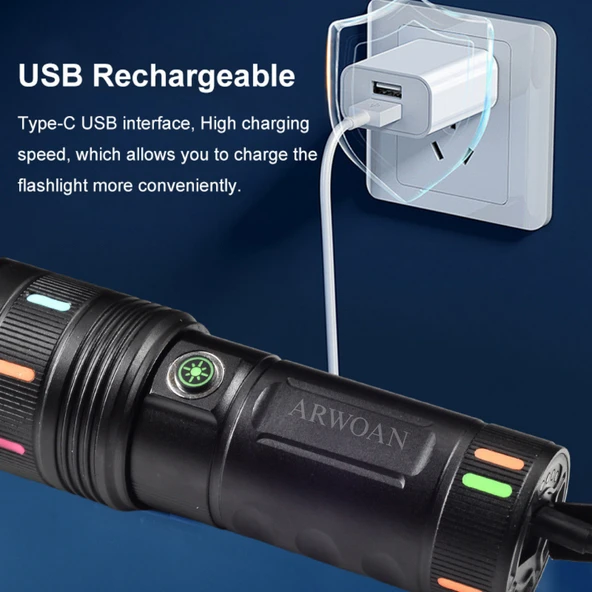 ARWOAN Yüksek Güçlü LED El Feneri Alüminyum Gövde, Zoom Özellikli, Type-C Şarjlı, Süper Parlak Beyaz Lazer LED - 3