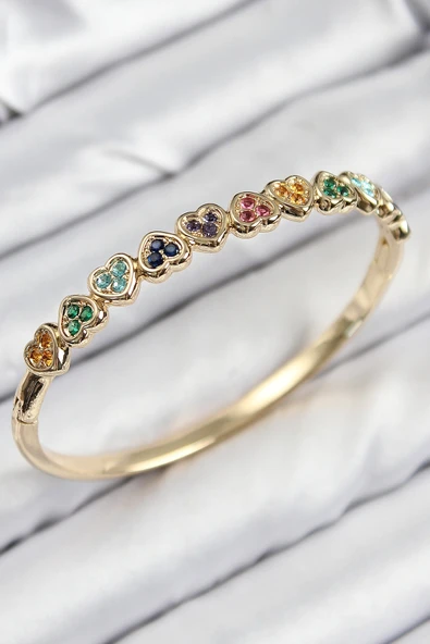 Pirinç Renkli Zirkon Taşlı Sıralı Kalp Model Gold Renk Kadın Kelepçe ürün görseli 1