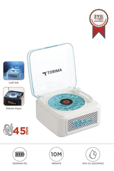 Torima D61 Beyaz  Nostalji Plak Görünüm Dekor Waves BT Işıklı Müzik Çalar Saat Tf Kart Aux Özellikli ürün görseli