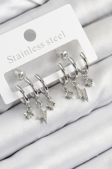 Pirinç Zirkon Taşlı Şimşek Model Gümüş Renk Kadın Küpe