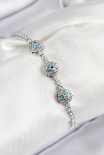 Pirinç Zirkon Taşlı Nazar Model Gümüş Renk Kadın Bileklik ürün görseli 1