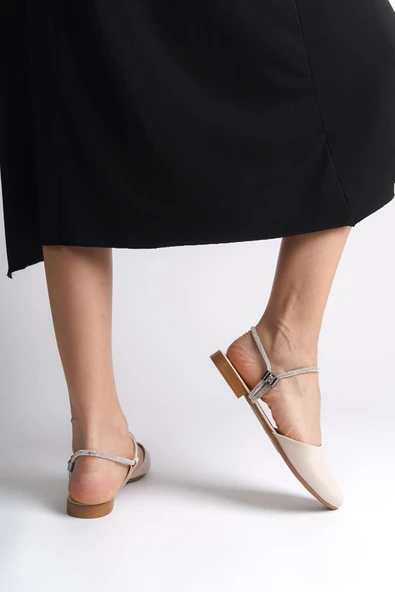 JET-ARIANA Lastikli Ortopedik Rahat Taban Bilekten Taş Detaylı Kadın Babet Ayakkabı  CKT - Krem - Resim 3