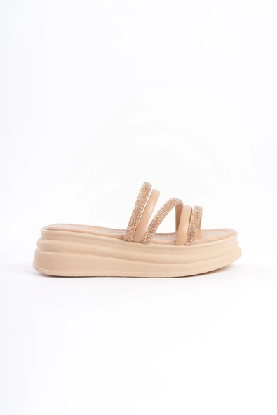 JET-ELISE Düz Topuklu Şeritli Taşlı Kalın ve Ortopedik Taban Kadın Terlik  CTT - Ten - Resim 6