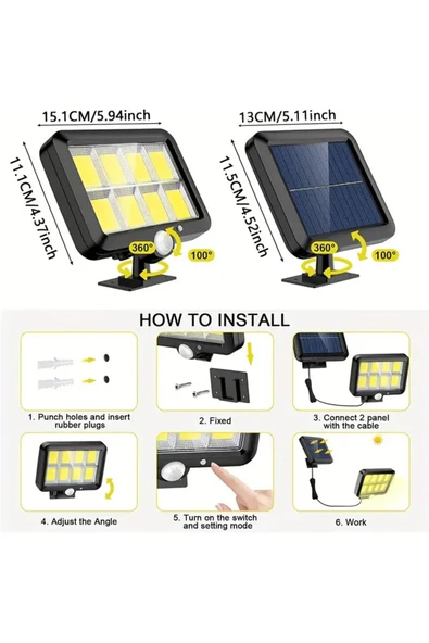 MENFRY Solar Güneş Enerjili Bahçe Ve Dış Mekan Aydınlatma Hareket Sensörlü 120 Cob Ledli Işık 5 Mt Kablo - Resim 4