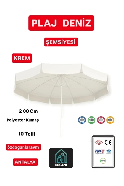 Çiçek Şemsiye Dogant Eğilebilir Branda Kumaş Krem Plaj Havuz Bahçe Balkon Şemsiyesi 2 Metre 10 Telli Dayanıklı - 1
