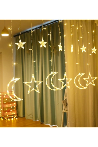 ENASHOP Dekoratif Süsleme Işığı Ay Yıldızlı Led Perde Süsleme Işığı 3 Metre 6 saçak Yılbaşı Doğum Günü Işık ürün görseli 1