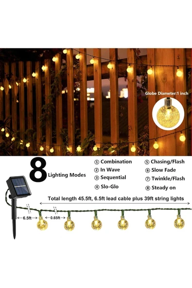 MENFRY Solar Enerjili Sarı Işık 80 Led 10 Metre Bahçe Teras Balkon Ağaç Lamba Aydınlatması - 3