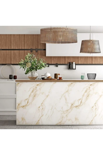 ENASHOP Mermer Desenli Masa Tezgah Mutfak Su Geçirmez Yapışkanlı Folyo Sticker Bej - Resim 5