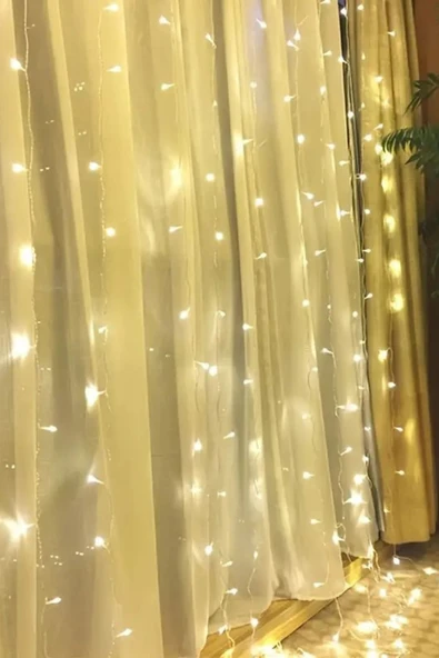MENFRY 2x2 Pilli 8 Fonksiyonlu 200 Led 10 Saçak Şerit Led Perde Led İp Led Sarı ışık - 2
