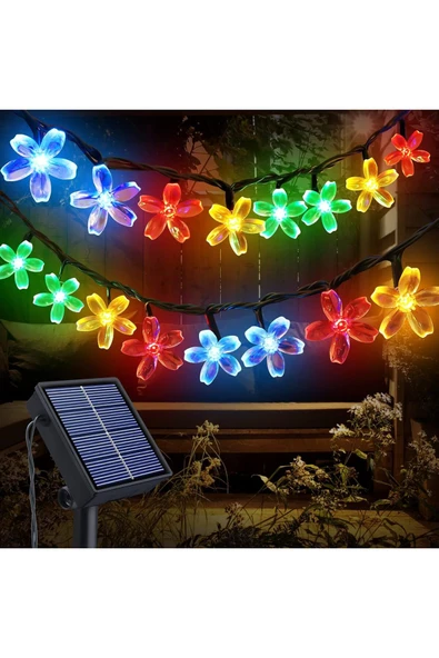 MENFRY Solar Enerjili 50 Led Papatya 5 Mt Siyah Kablo 8 Kademeli Bahçe Ağaç Teras Aydınlatma Dekor Işık - 1