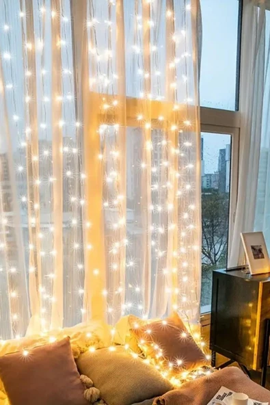 MENFRY 2x2 Pilli 8 Fonksiyonlu 200 Led 10 Saçak Şerit Led Perde Led İp Led Sarı ışık - 3