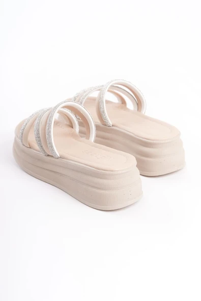 JET-ELISE Düz Topuklu Şeritli Taşlı Kalın ve Ortopedik Taban Kadın Terlik  CKT - Krem - Resim 5