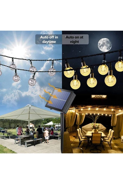 MENFRY Solar Enerjili 10 Metre 80 Ledli 8 Animasyonlu Kristal Top Bahçe Balkon Teras Aydınlatma Dekor Işık - 4