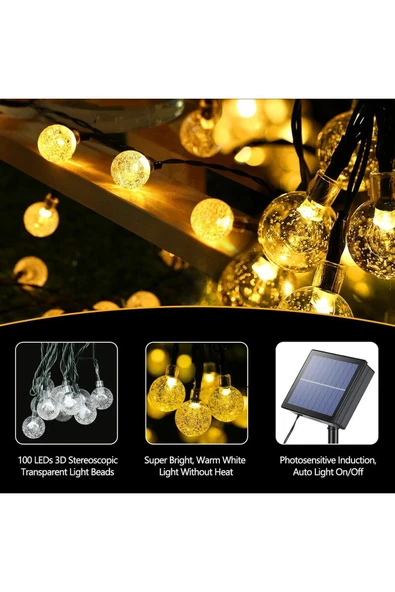 MENFRY Solar Enerjili 10 Metre 80 Ledli 8 Animasyonlu Kristal Top Bahçe Balkon Teras Aydınlatma Dekor Işık - 5