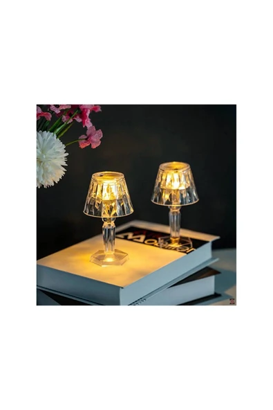 Horasan Ticaret Küçük Boy Kristal Elmas Led Masa Lambası Pilli Projeksiyon Mini Şeffaf Abajur 12 Cm - 2