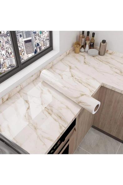 ENASHOP Mermer Desenli Masa Tezgah Mutfak Su Geçirmez Yapışkanlı Folyo Sticker Bej ürün görseli