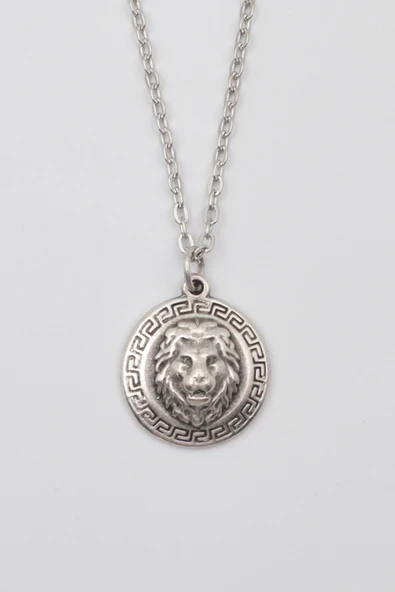 Kabartmalı Aslan Madalyon Kolye - Düz Ezme İthal Zincirli Unisex Gümüş Kaplama - 60 cm ürün görseli 1