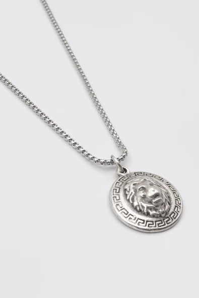 Kabartmalı Aslan Madalyon Kolye - Örme İthal Zincirli Unisex Gümüş Kaplama - 60 cm - Resim 2