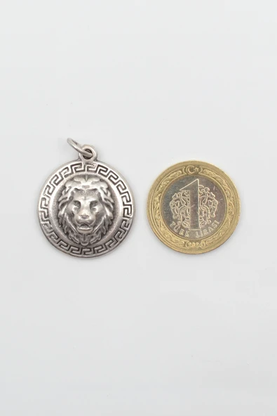 Kabartmalı Aslan Madalyon Kolye - Örme İthal Zincirli Unisex Gümüş Kaplama - 60 cm - Resim 5