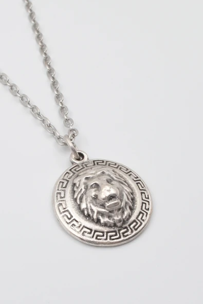 Kabartmalı Aslan Madalyon Kolye - Düz Ezme İthal Zincirli Unisex Gümüş Kaplama - 60 cm - Resim 2