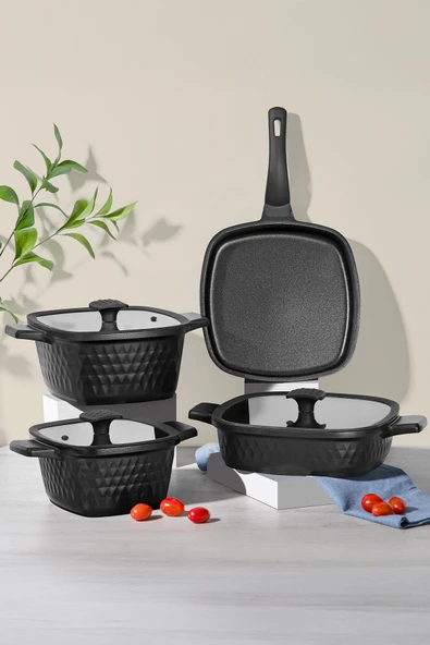 Nehir Royal Elite Square Siyah Alüminyum Döküm 7 Parça Tencere Set ürün görseli 1