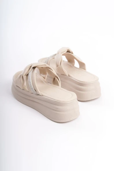 JET-CLARA Düz Topuklu Kurdele Desenli Taşlı Kalın ve Ortopedik Taban Kadın Terlik  CKT - Krem - Resim 5